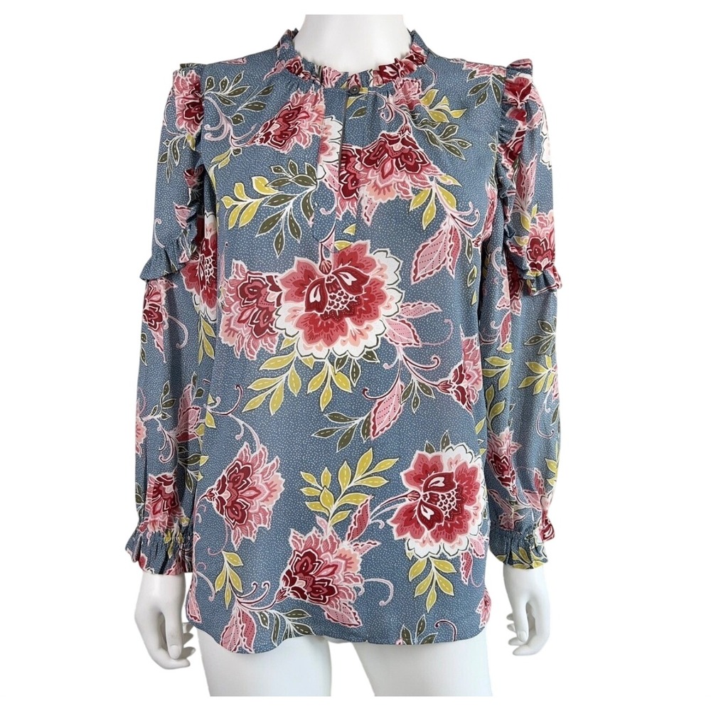 Loft Petites Blue Pink Floral Ruffle Shoulder Blouse XXSP Cottagecore Feminine